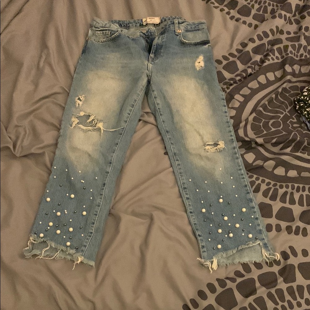 FREE PEOPLE Women's Distressed Blue Jeans with Pearl Accents